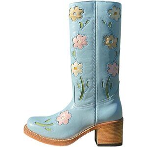 ⚡Women Red Faux Leather Knee High with Flowers Square Toe Chunky Heel Boots